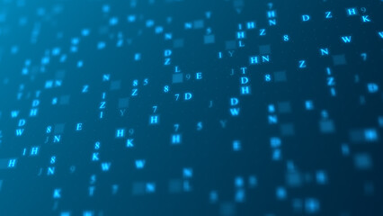 Blue glowing letters and numbers matrix abstract background, horizontal composition. Technology background.