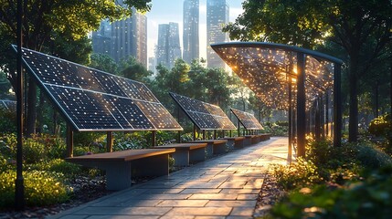 Futuristic smart city with solar energy panels smart grids and interactive solar kiosks showcasing a sustainable efficient and technologically advanced urban landscape