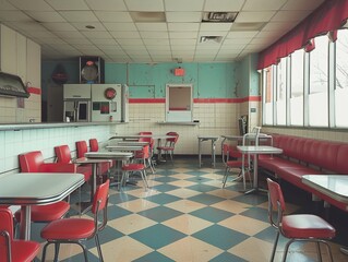Retro Diner Interior with Checkerboard Floor and Red Booths