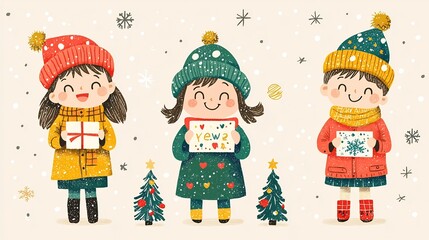 Fototapeta premium Lively Scene of Children Eagerly Exchanging Vibrant New Year Greeting Cards Showcasing Their Youthful Creativity and Festive Charm