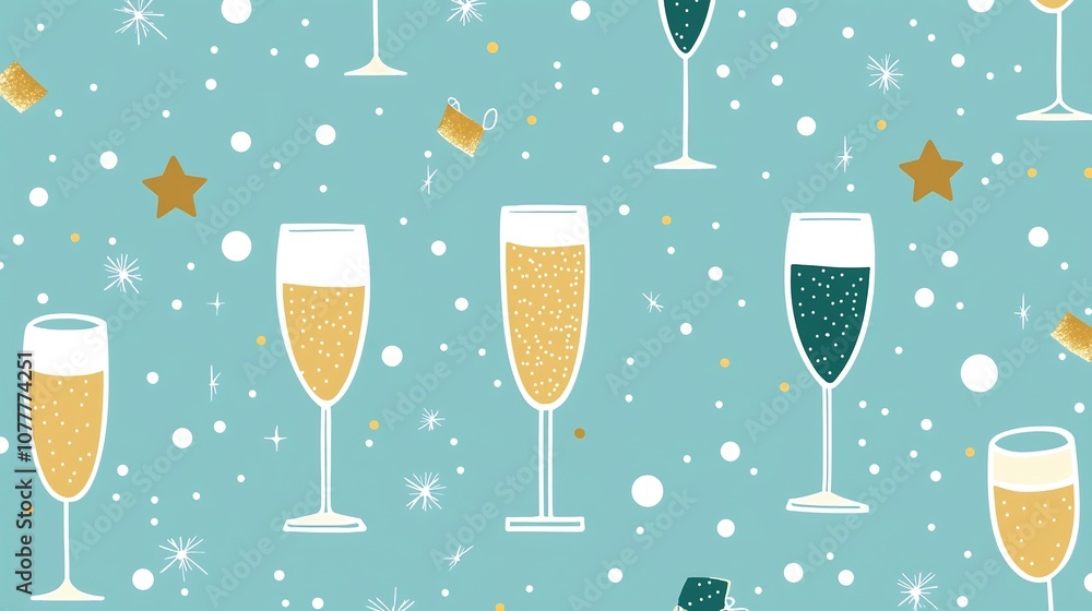 Poster minimalist design featuring a light blue background with simple white outlines of champagne glasses 