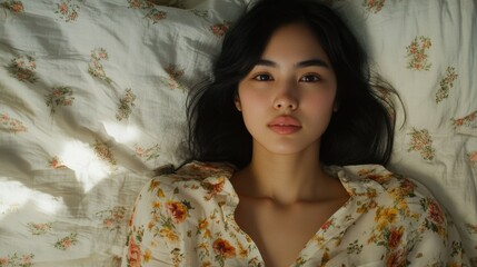Fototapeta premium 花柄の寝具をまとった若い女性と穏やかな朝の目覚め：春のライフスタイルを満喫