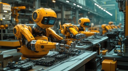 Fototapeta premium Robots assembling components in a high-tech industrial setting.