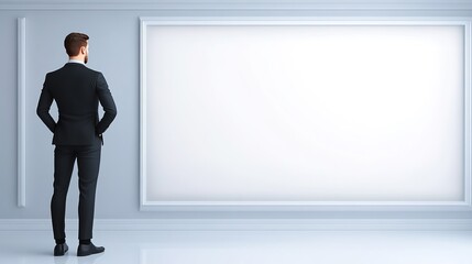 Obraz premium Professional Man in Suit Standing Before Blank Canvas in Modern Gallery Setting, Contemplating Ideas and Artistic Possibilities for Creative Expression