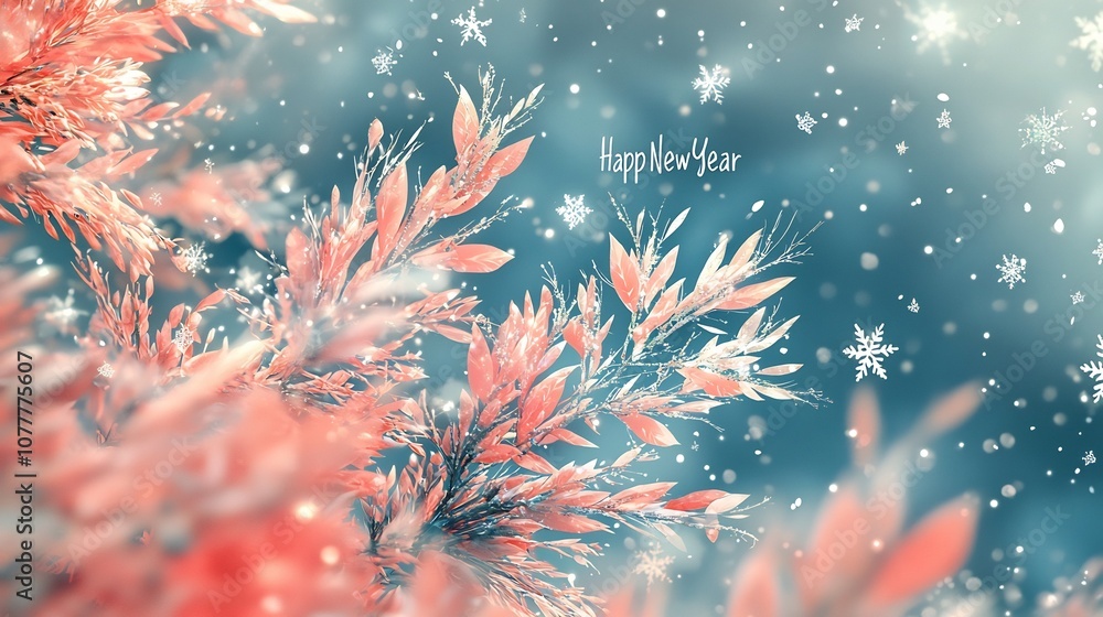 Poster Serene and gentle New Year greeting card design featuring a soft watercolor style background with delicate snowflakes and an elegant cursive message wishing  Happy New Year  for the 2023 holiday