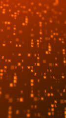 Orange glowing letters and numbers matrix abstract background, vertical composition. Technology background.