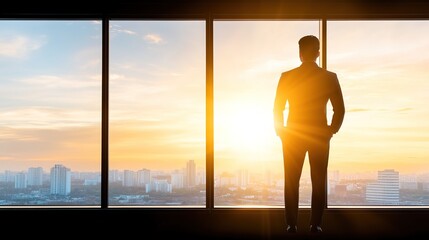Fototapeta premium Businessman Silhouette Against Sunrise in Modern Office, Reflection of Cityscape in Glass Windows, Inspirational Corporate Atmosphere