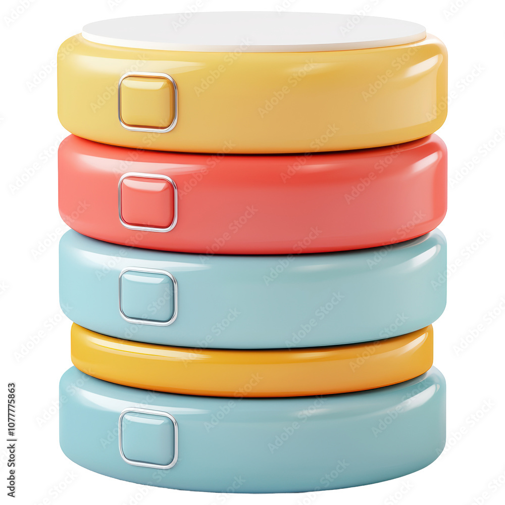 Poster 3d a stack of four colorful round objects, each with a different color isolated on transparent or wh