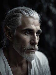Obraz premium Enigmatic Elf with Flowing Silver Hair in Black and White Minimalist Portrait