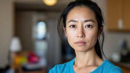 Fototapeta premium 柔らかな自然光の中で思慮深いアジア人女性 – 感情的な内省と落ち着き