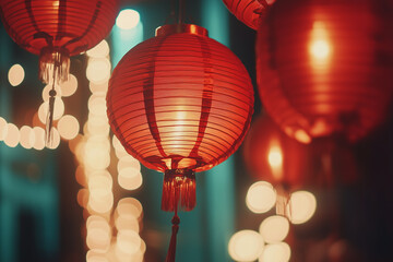 Chinese New Year, Lunar New Year. Glowing asian red lanterns on dark background. Golden lights,...