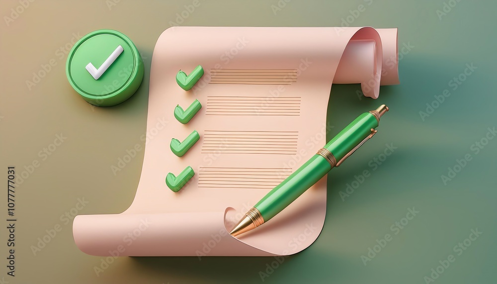 Poster a rolled paper checklist with green checkmarks, a pen, and a round approval icon, representing organ