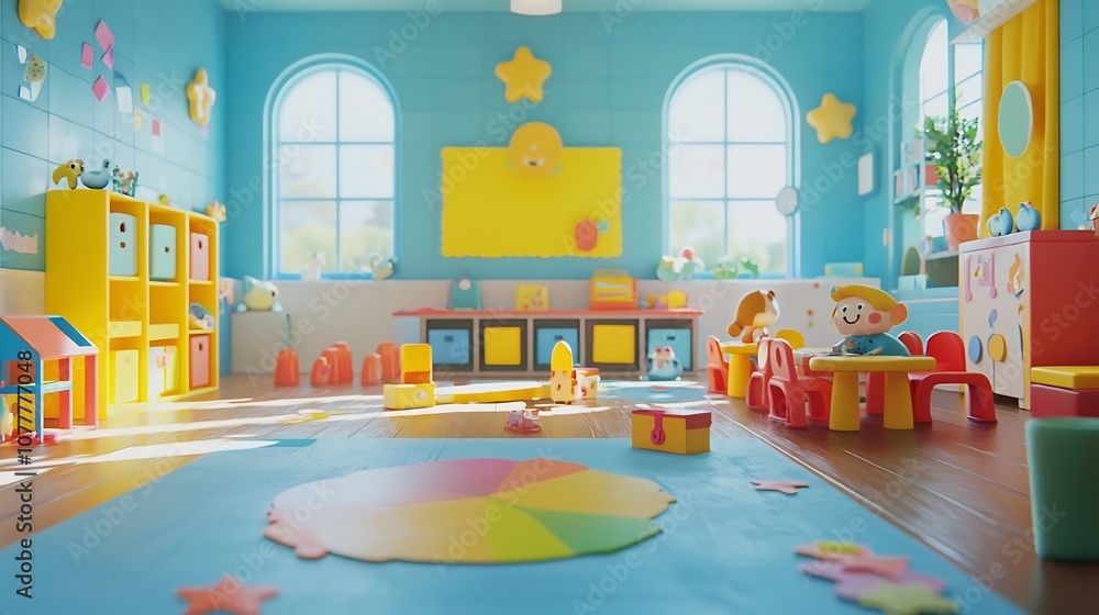 Poster vibrant and colorful 3d animated classroom scene featuring adorable cartoon characters engaging in i