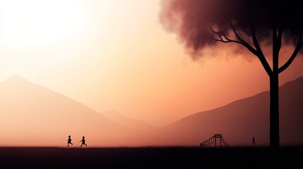 Serene Landscape at Dusk Featuring Silhouettes of Children Walking Near a Playground with Gentle Mountains in the Background and a Lush Tree