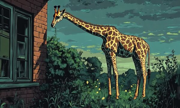 A tall giraffe stands near a brick building with a window, surrounded by green trees and bushes, under a blue sky.