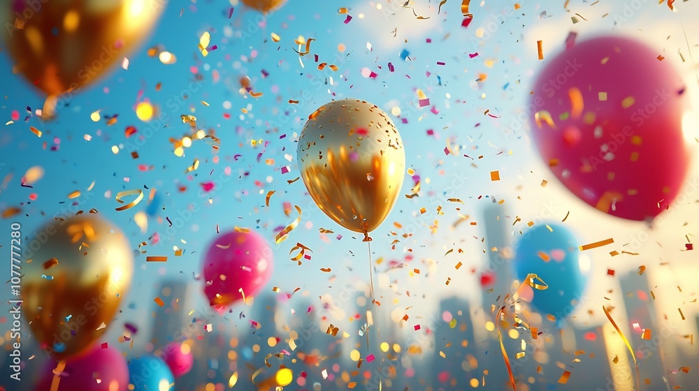 Poster vibrant and joyful background for new year s a dynamic display of colorful streamers balloons and a 