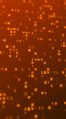 Orange glowing letters and numbers matrix abstract background, vertical composition. Technology background.