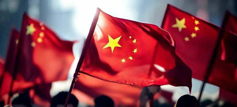 China flag on military army parade. Country independence day concept. Generative video AI technology.