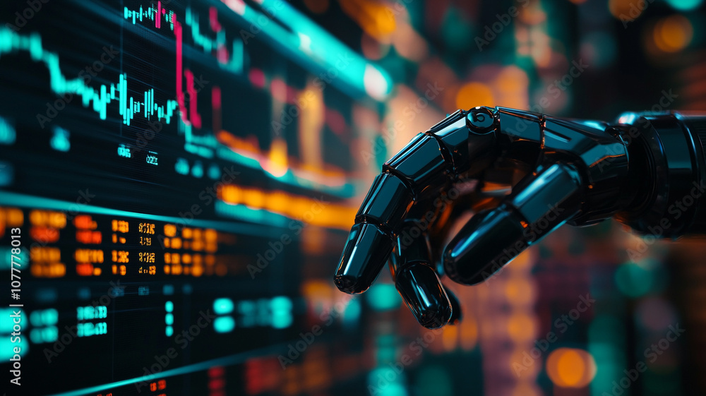 Poster a robotic hand interacting with financial data in a digital business environment