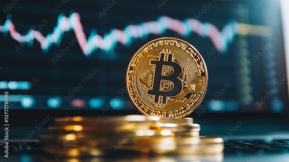 Poster bitcoin token on a stack with price chart background showcasing cryptocurrency trends and data