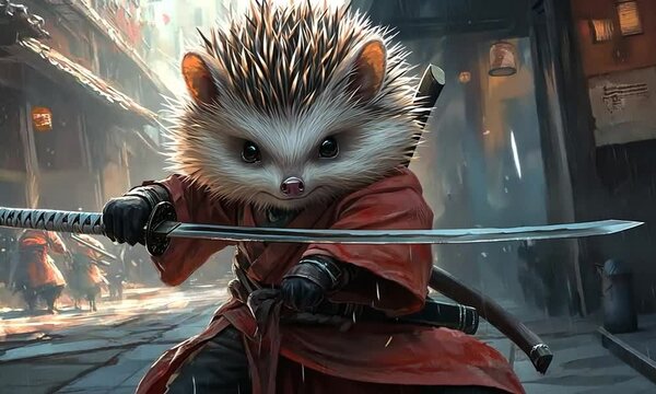 A cute hedgehog dressed as a samurai warrior holding a katana sword with a blurred background of a street in an Asian city.