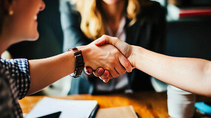 Obraz premium Two business professionals shaking hands during a meeting in a modern office setting