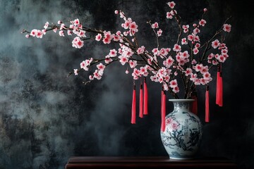 A vase filled with blossoming cherry branches and red tassels, placed on a side table as part of Chinese New Year décor