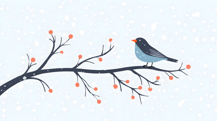 serene winter scene featuring bird perched on bare branch adorned with red berries, surrounded by gentle snowfall. calm atmosphere evokes sense of tranquility and beauty