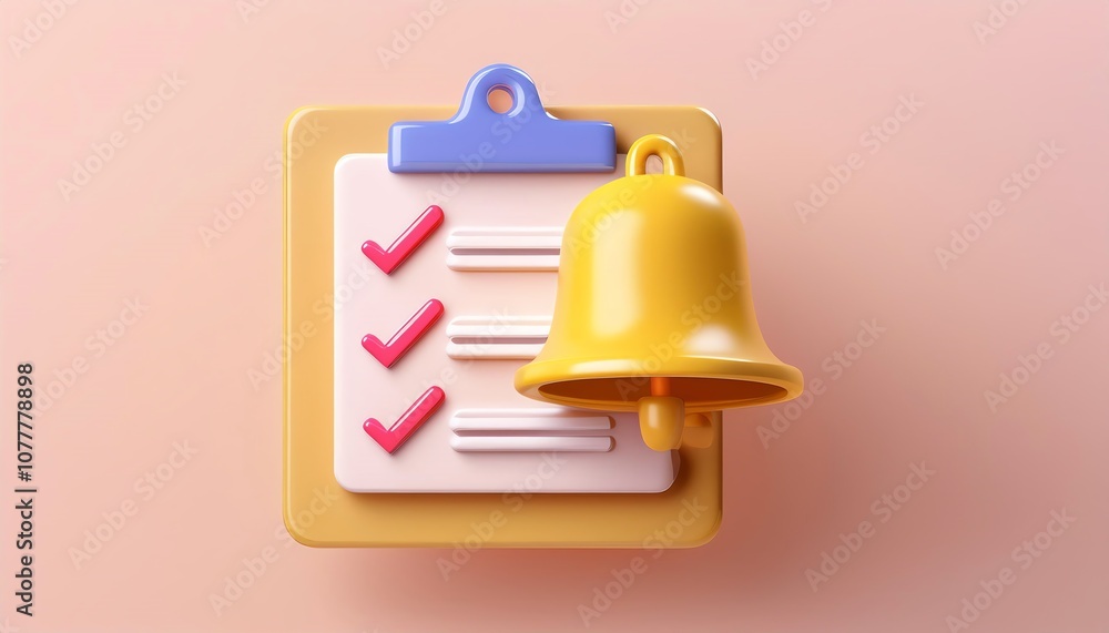 Poster a colorful checklist with a bell, symbolizing tasks and reminders on a soft pink background.