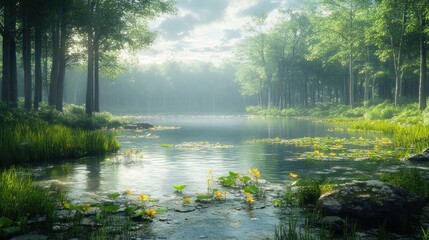 Fototapeta premium Serene forest landscape with a tranquil lake and blooming lilies.