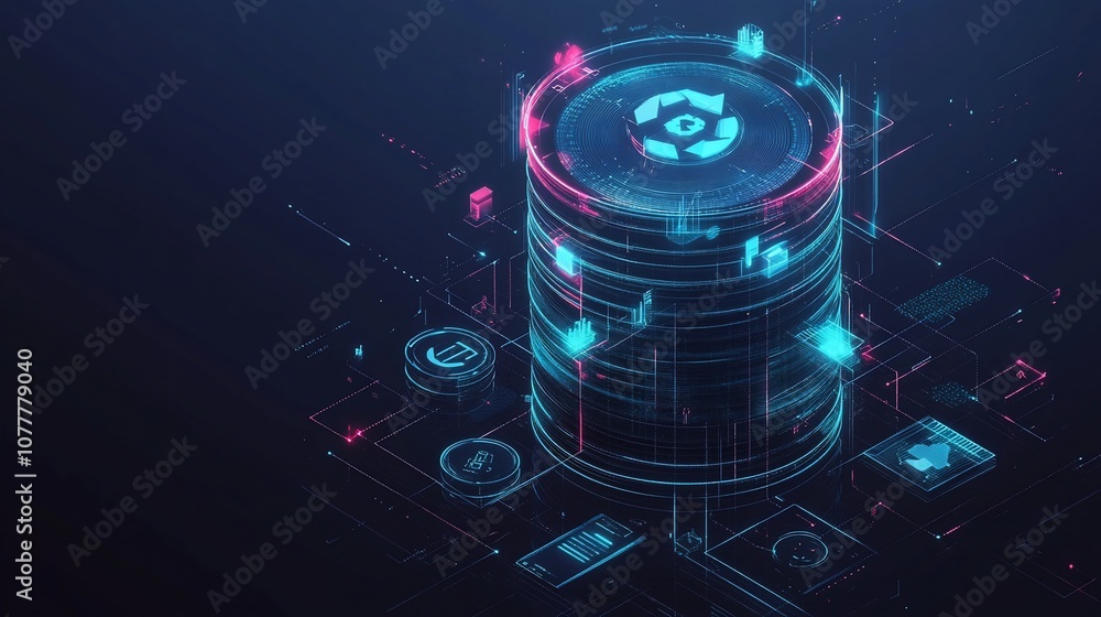 Poster A 3D illustration of a digital data server with various icons surrounding it, representing the flow and storage of information in the digital age.