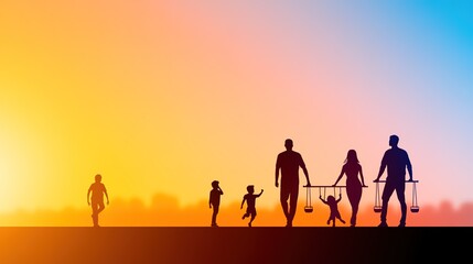 Fototapeta premium Family Togetherness Under Sunset Skies: Joyful Moments of Parents and Children with Balancing Scales Symbolizing Justice and Equality in a Peaceful Outdoor Setting