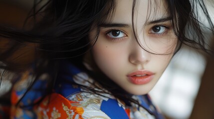 Fototapeta premium 鮮やかな服装をしたアジア人女性の静けさと美しさ - 穏やかな表情のポートレート