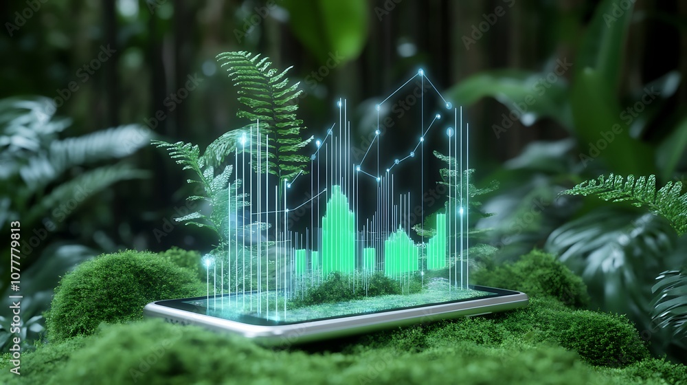 Poster smartphone displaying data analytics amidst lush green forest background