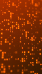 Orange glowing letters and numbers matrix abstract background, vertical composition. Technology background.