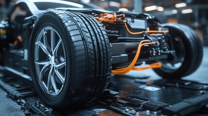 Fototapeta premium Close-Up of an Electric Car Wheel and Chassis