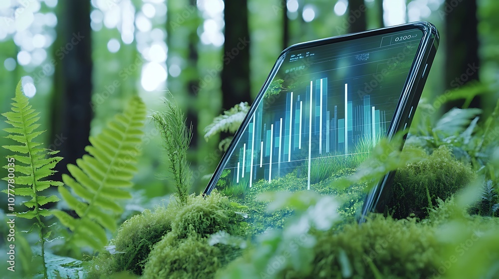 Poster smartphone displaying data analytics amidst lush green forest background