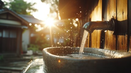 太陽の光が差し込む庭に水が流れる静かな日本の屋外蛇口