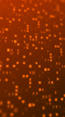 Orange glowing letters and numbers matrix abstract background, vertical composition. Technology background.