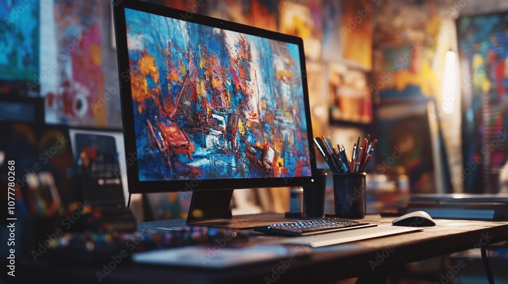 Fototapete a close-up of a computer screen displaying a colorful abstract painting, a keyboard, and a mouse on 