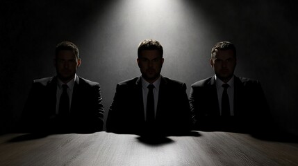 Three Shadowy Figures in Business Suits Sitting at a Dark Table Under Dramatic Spotlight in a Mysterious Setting