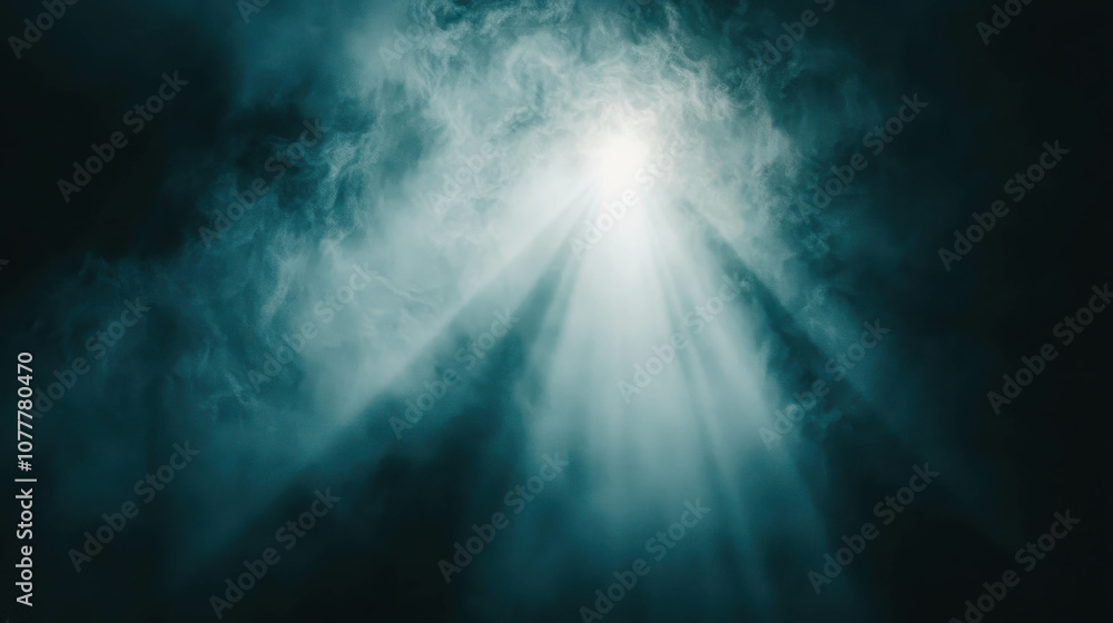 Poster ethereal light breaking through dark clouds in a mysterious atmosphere, revealing soft rays of illum