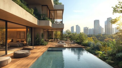 Obraz premium Modern villa with a pool and city view surrounded by greenery.