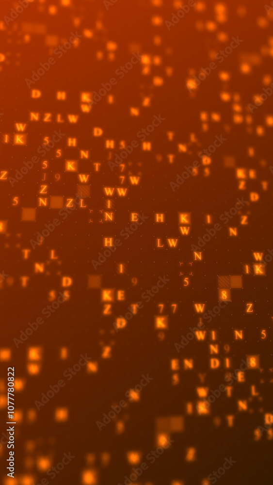 Poster orange glowing letters and numbers matrix abstract background, vertical composition. technology back