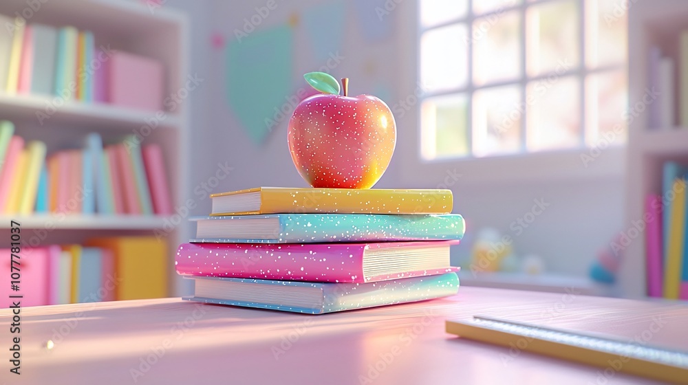 Poster a 3d rendered scene featuring a stack of colorful books a ruler and a shiny apple arranged neatly on