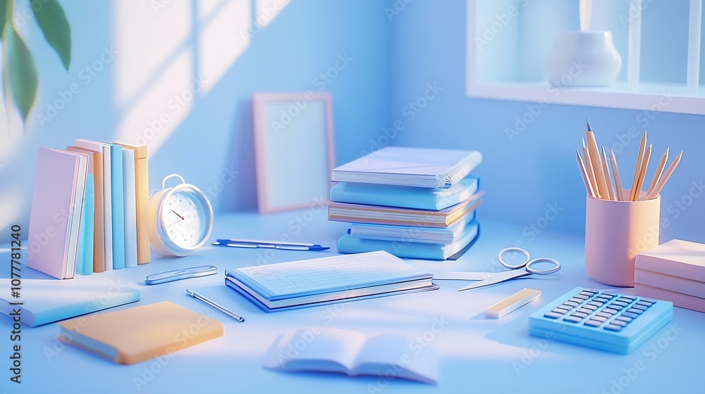 Aufkleber 3d animation of a serene desktop scene featuring a stack of books scissors and a calculator arranged