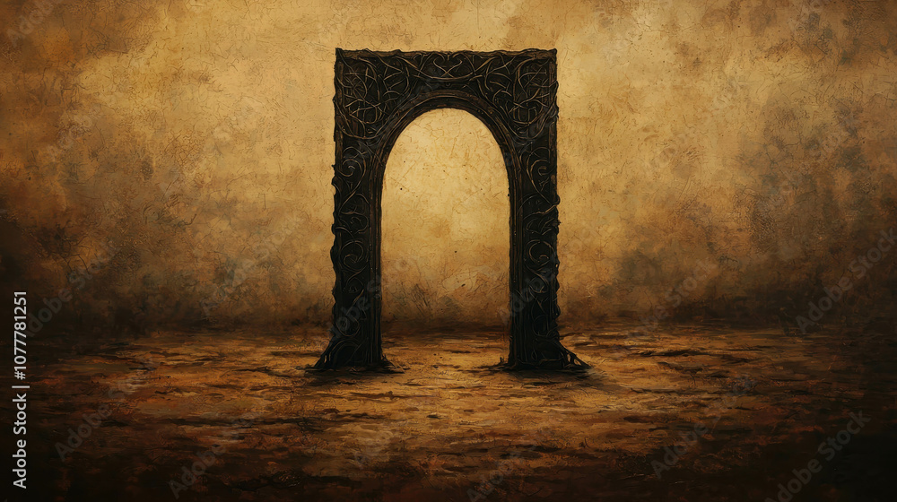 Poster mysterious dark archway surrounded by ethereal fog and subtle light reflecting on calm waters, creat
