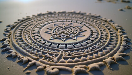 Close-up of a sacred circle pattern drawn in sand, intricate Native-inspired designs within the circle, warm natural light casting soft shadows, spiritual and grounding vibe