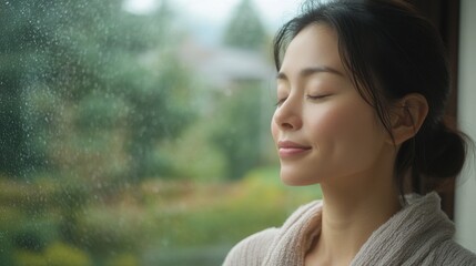 リラクゼーションと幸福：自然光と静けさを楽しむ日本人女性