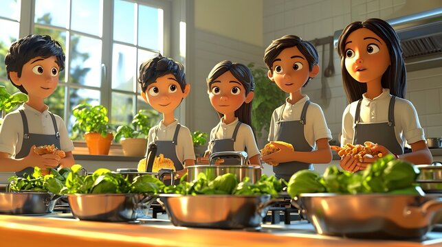 Animated 3D scene depicting cartoon students happily participating in an educational cooking class learning about healthy ingredients recipes and the joy of culinary